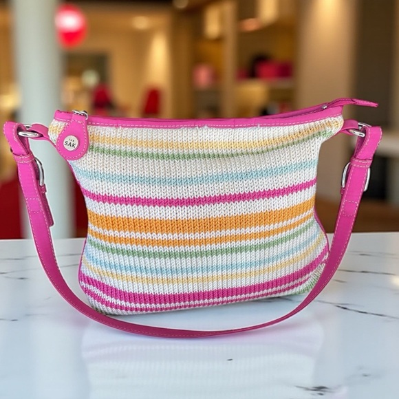 The Sak Rainbow Stripe Crochet Shoulder Bag Pink Trim Adjustable Strap - Picture 1 of 10